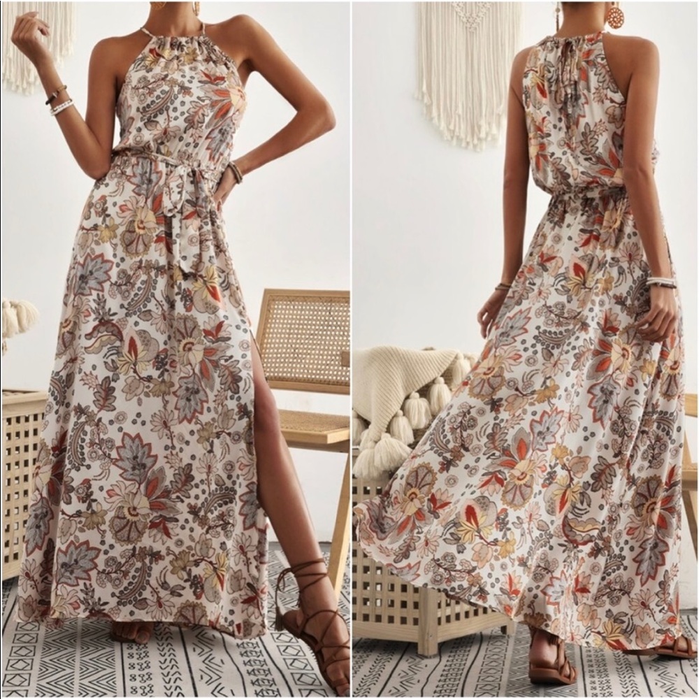 Boho Floral Print Belted Halter Maxi dress - Picture 2 of 7